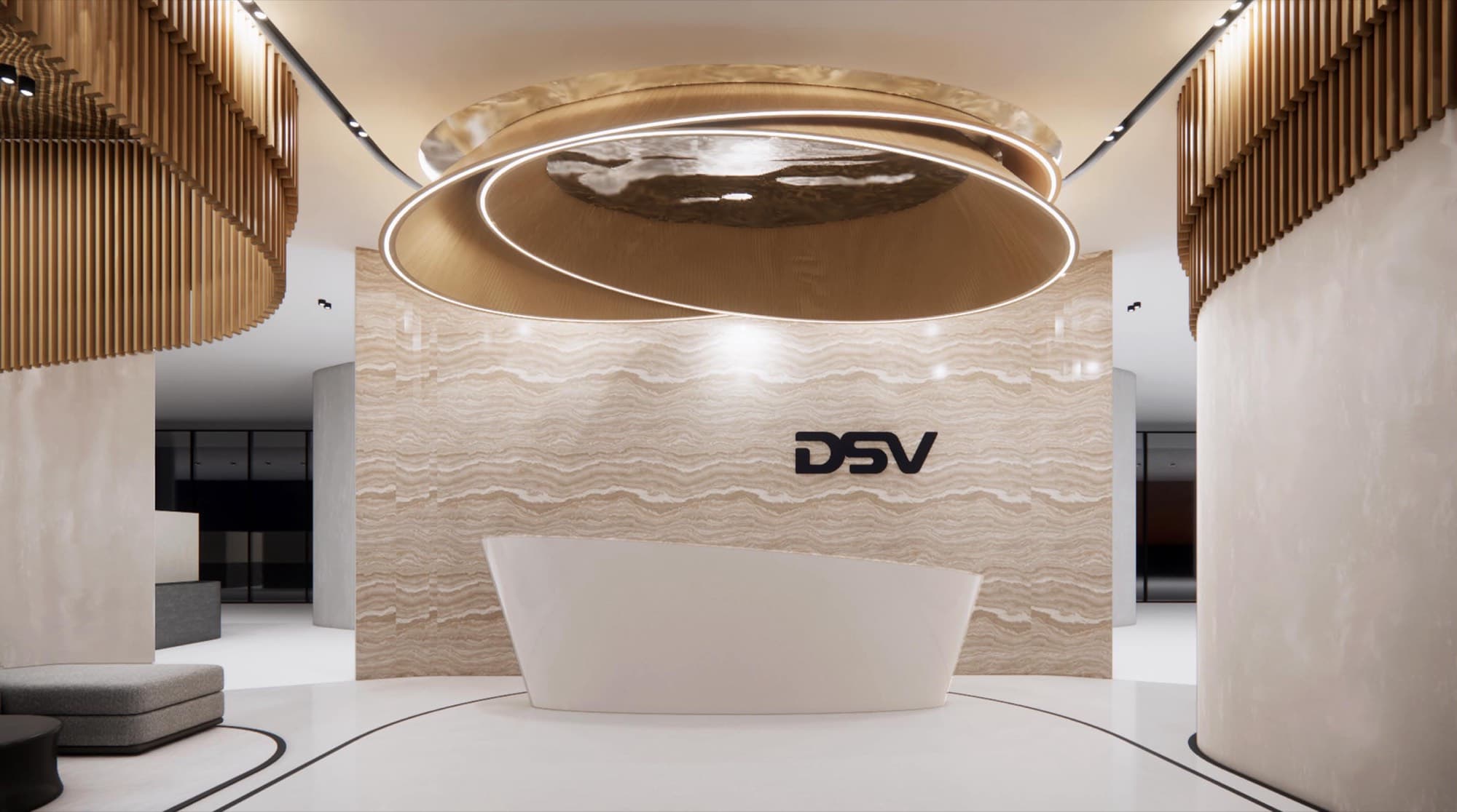 Reception with a curved white desk in front of a travertine wall bearing the DSV logo, under a timber halo ceiling