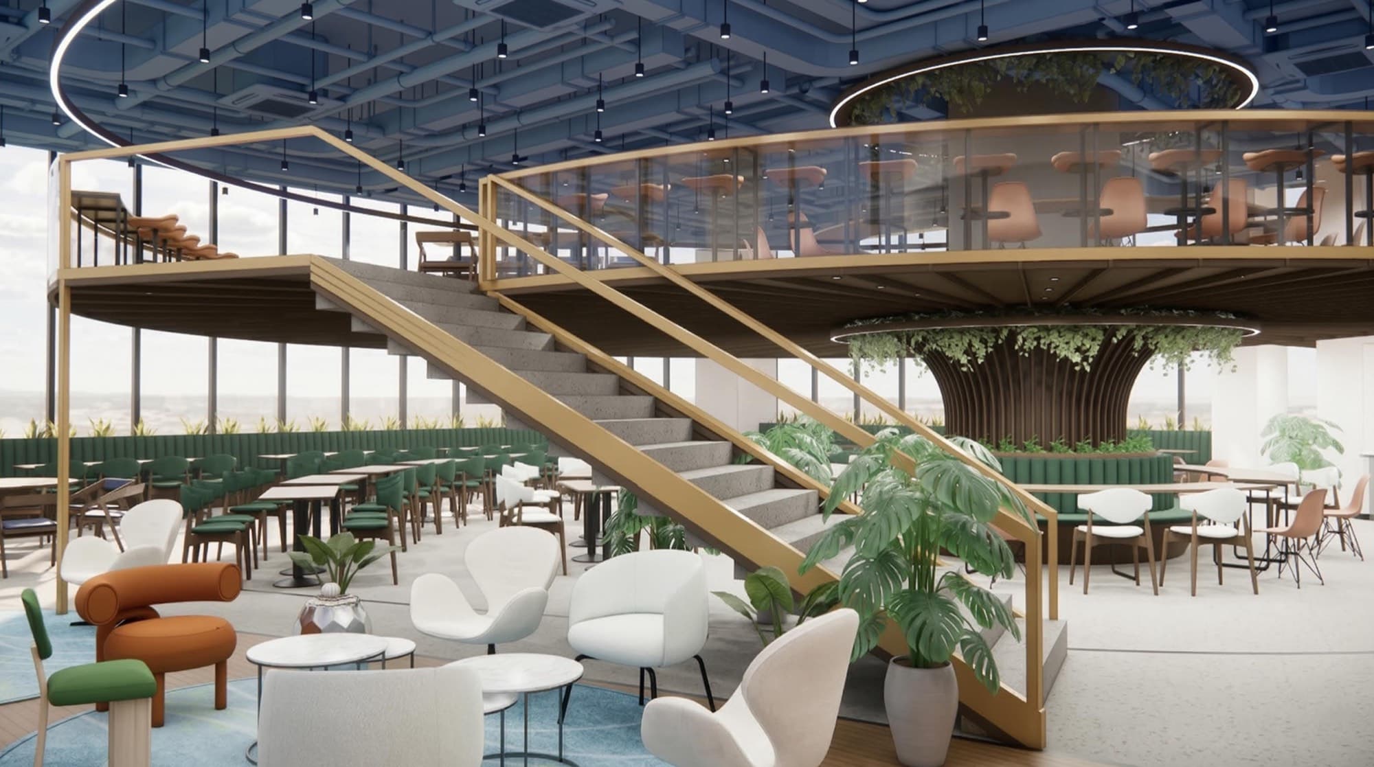 Cafeteria with a curved timber mezzanine and stair, a tree-like fluted column and lounge seating