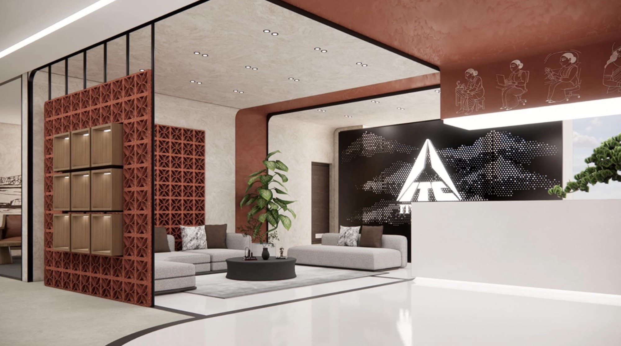Reception lounge with a terracotta lattice screen, illuminated niches and a backlit ITC brand wall
