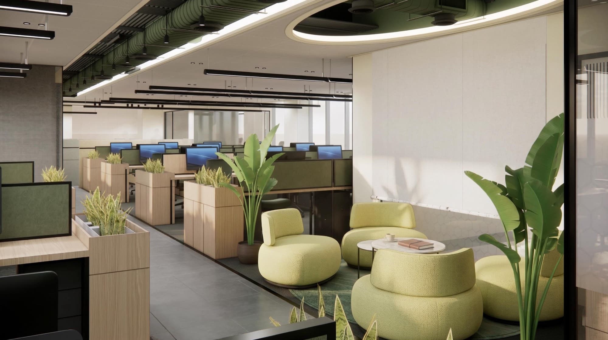 Breakout lounge with lime green seating, planters and a circular ceiling light beside workstations
